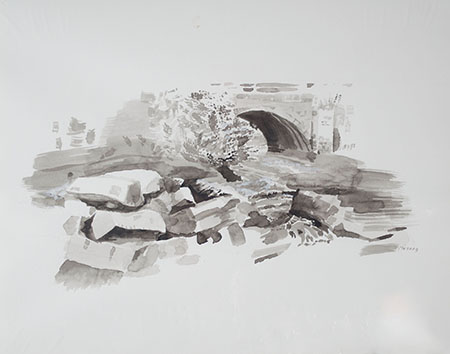 Bridge over Ipswich River, ink wash